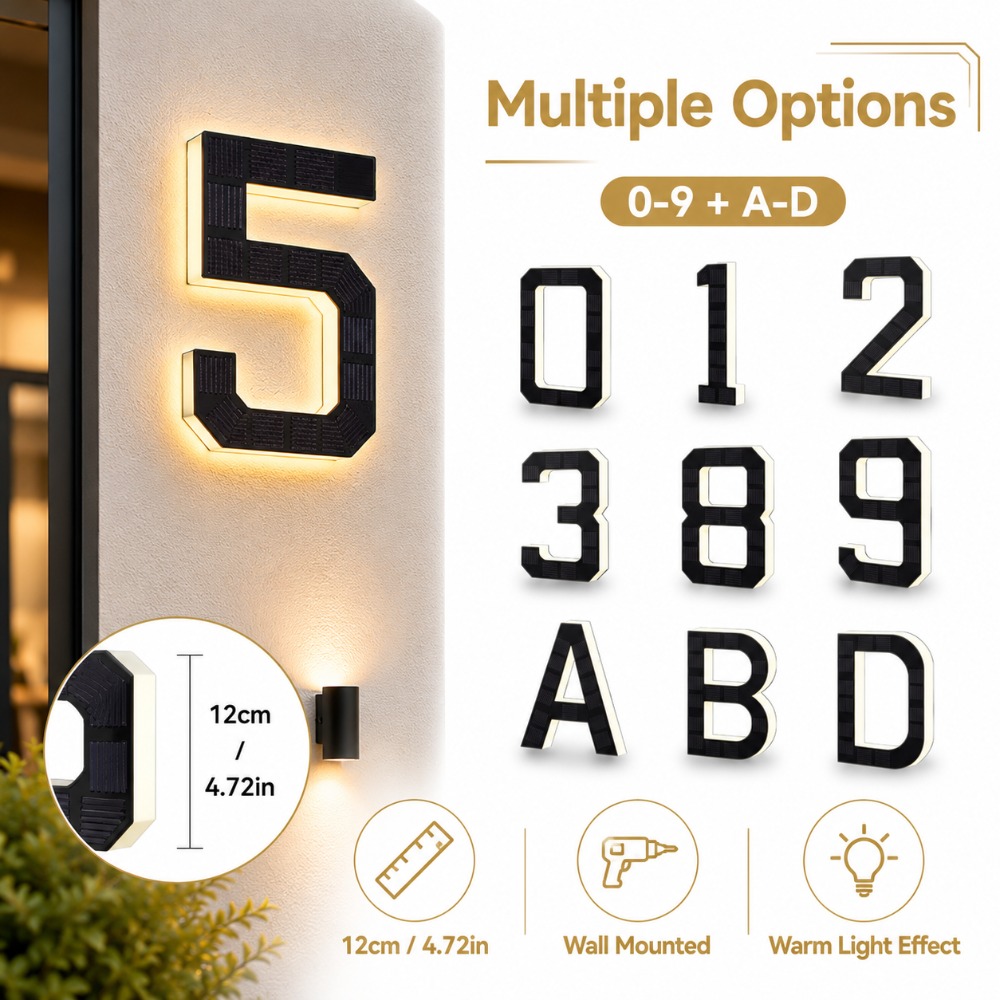 Decor Lighting Address - ソーラーLED家番号サイン 防水ライトセンサー付きアドレスプレート 屋外玄関 庭 壁 エントランス装飾アクセサリーキット