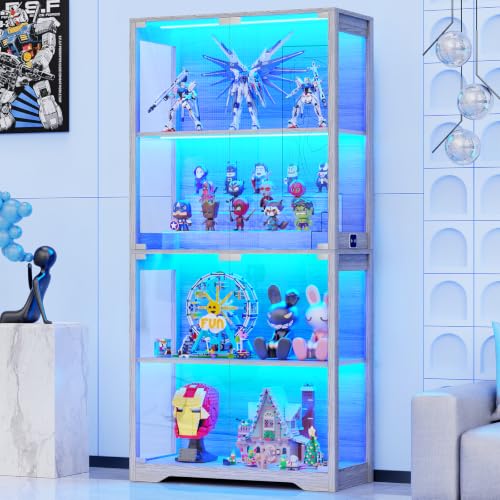Lighting & Home Decor Studio Photos - ガラス扉付きディスプレイキャビネット、4段ディスプレイケース、ブラック | 3色のライトが付いたコレクション用キュリオキャビネット