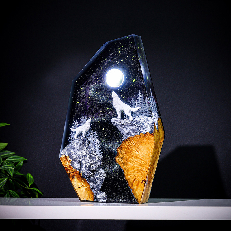 Lighting Decoration For Wedding - 自然動物フィギュア生物樹脂製テーブルライトクリエイティブアートデコレーション雪の夜オオカミの鳴き声ナイトライトUSB充電式