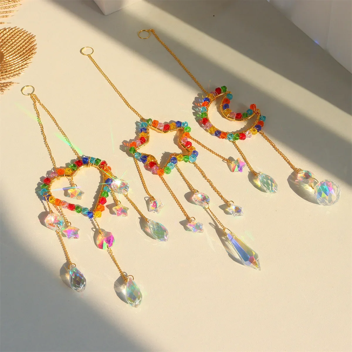 Pendant Lighting Christmas Decor - チャクラサンキャッチャー レインボープリズム 月 星 ハート型 吊り下げペンダント