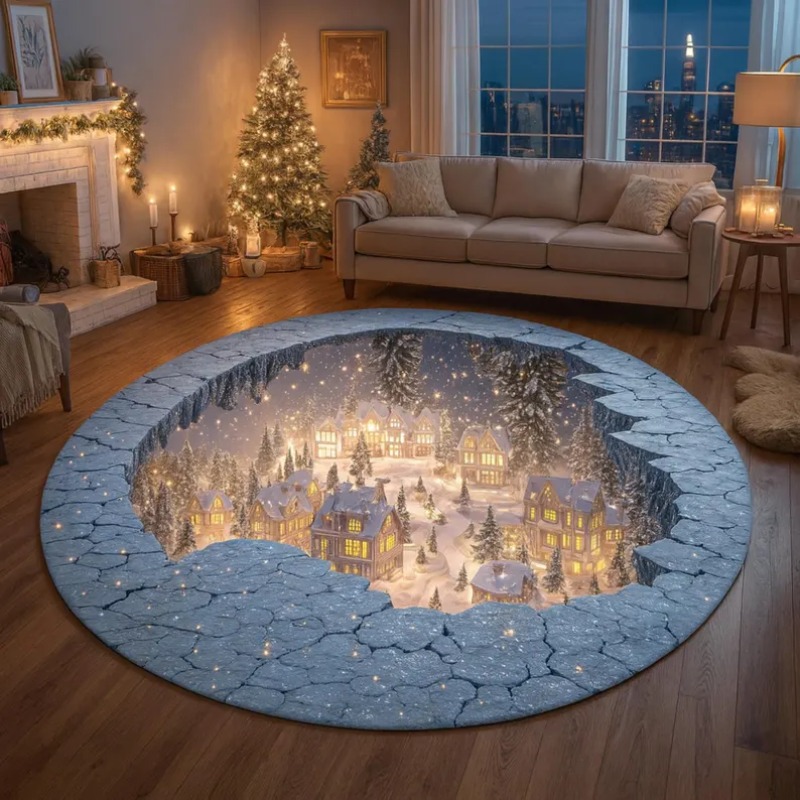 Outdoor Lighting Decor Ideas - 3D クリスマス村ラグ 冬の雪の街カーペット 居心地の良いホリデーフロアマット 光るライト クリスマスホームデコレーション