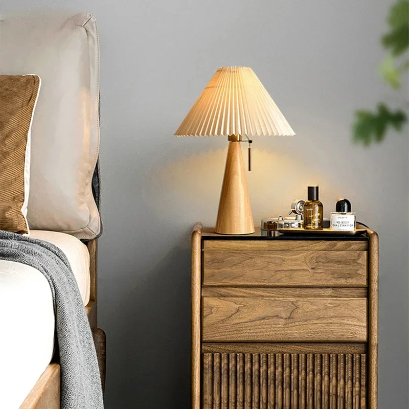 Lighting Decor Bedroom - レトロプリーツテーブルランプ北欧無垢材ライト研究読書用寝室の家の装飾照明 E27