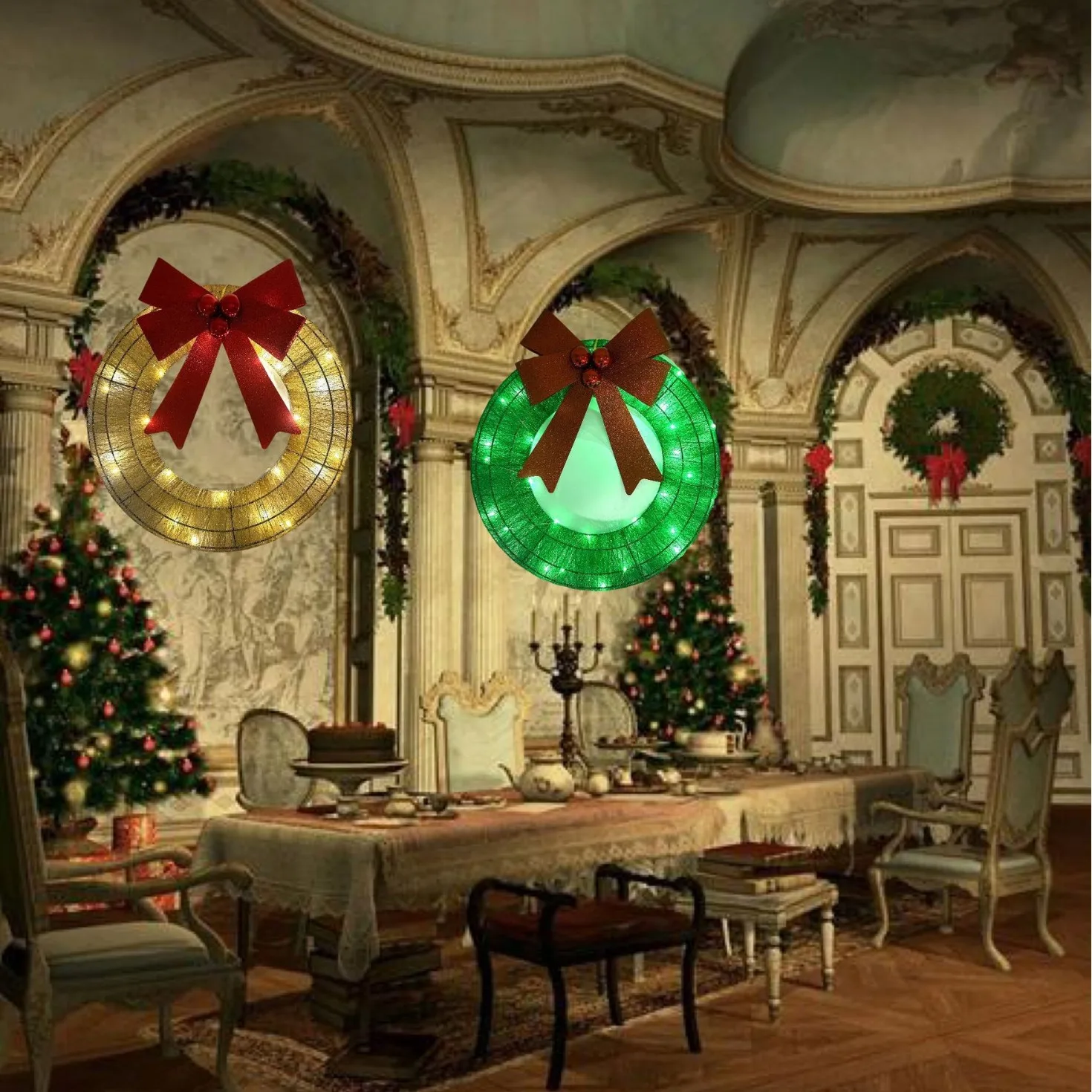 Pendant Lighting Christmas Decor - クリエイティブなファッションクリスマスリース、メタル発光リース、LEDウォームライトクリスマスデコレーション、売れ筋ドアペンダント