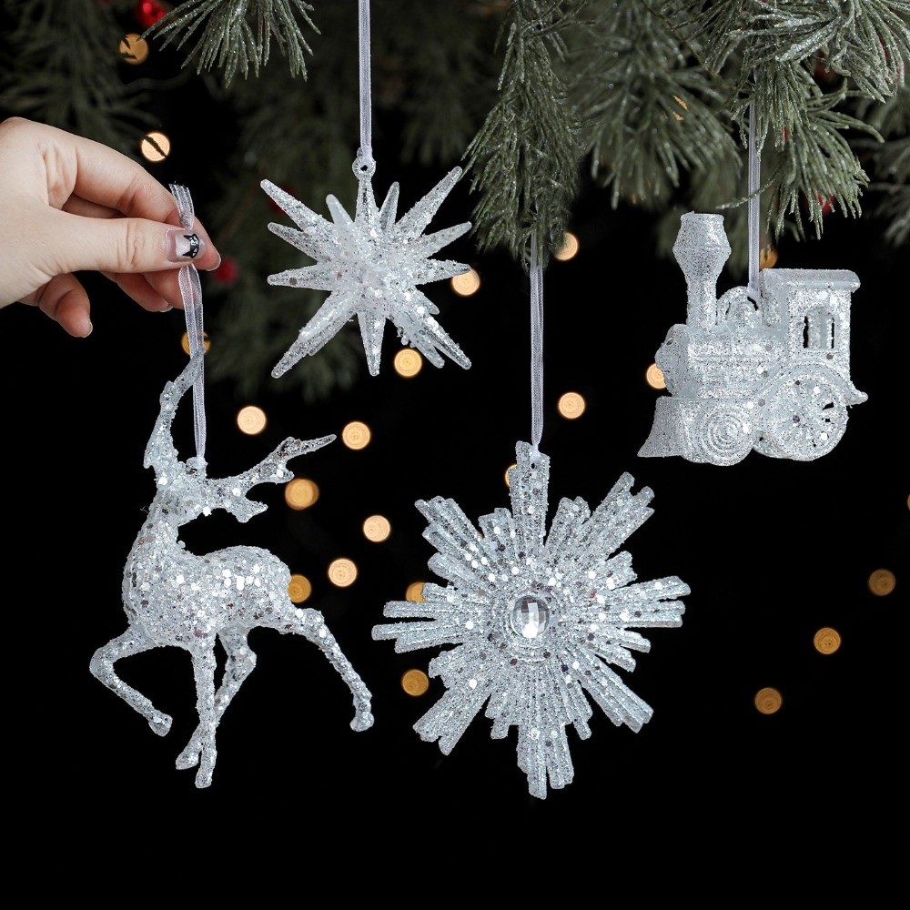 グリッタープラスチックホワイトクリスマスオーナメント透明スノ - Pendant Lighting Christmas Decor のレビューと価格