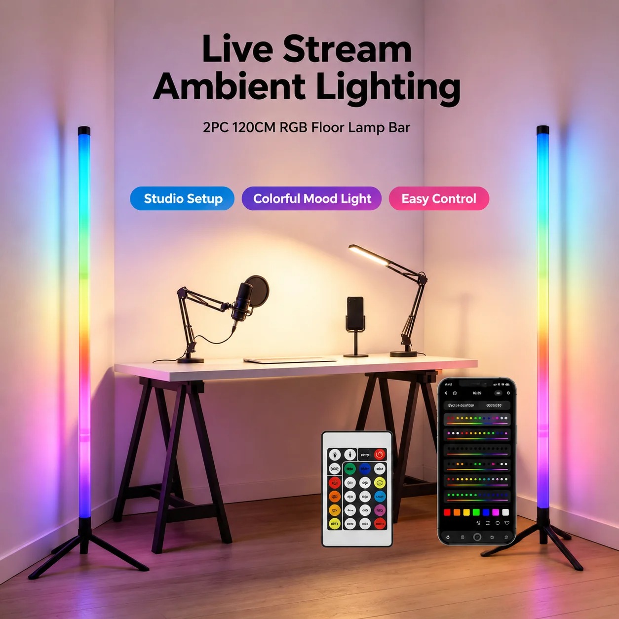 2個セット 120CM RGBフロアランプ、音に反応するLE - Lighting Decor For Room のレビューと価格