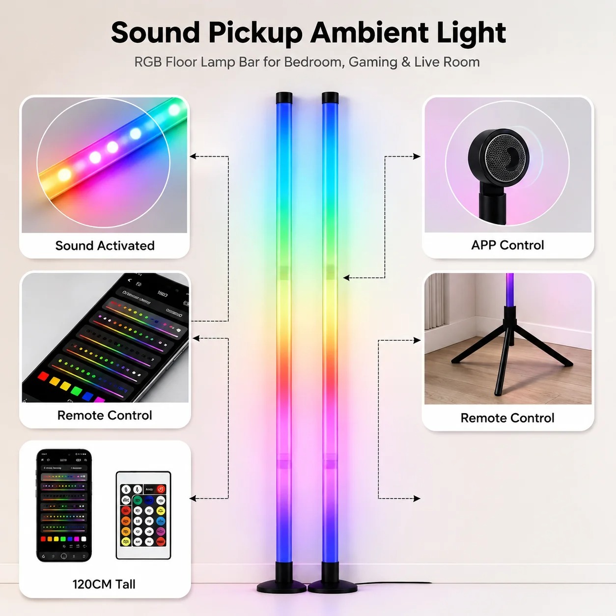 2個セット 120CM RGBフロアランプ、音に反応するLE - Lighting Decor For Room のレビューと価格
